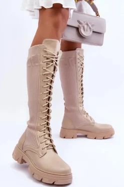 Clearance Boto Kozaki Na Płaskim Obcasie Ze Skarpetą Beżowe Itona