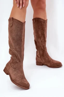 Online Damskie buty S.Barski Kozaki Na Płaskim Obcasie Z Ażurowym Wzorem S.Barski HY51-062 Brązowe Brązowy