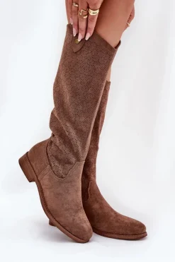 Online Damskie buty S.Barski Kozaki Na Płaskim Obcasie Z Ażurowym Wzorem S.Barski HY51-062 Brązowe Brązowy