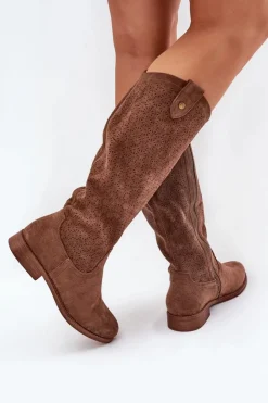 Online Damskie buty S.Barski Kozaki Na Płaskim Obcasie Z Ażurowym Wzorem S.Barski HY51-062 Brązowe Brązowy