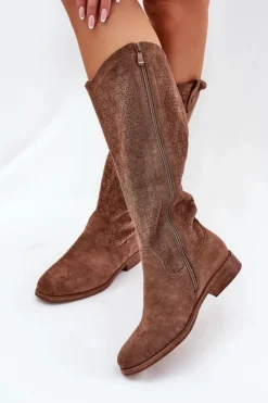 Online Damskie buty S.Barski Kozaki Na Płaskim Obcasie Z Ażurowym Wzorem S.Barski HY51-062 Brązowe Brązowy