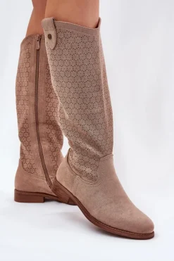 Damskie Damskie buty S.Barski Kozaki Na Płaskim Obcasie Z Ażurowym Wzorem S.Barski HY51-062 Beżowe