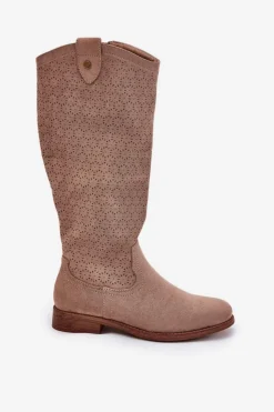 Damskie Damskie buty S.Barski Kozaki Na Płaskim Obcasie Z Ażurowym Wzorem S.Barski HY51-062 Beżowe