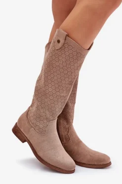 Damskie Damskie buty S.Barski Kozaki Na Płaskim Obcasie Z Ażurowym Wzorem S.Barski HY51-062 Beżowe