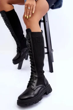 Damskie Boto Kozaki Na Płaskim Obcasie Ze Skarpetą Czarne Itona