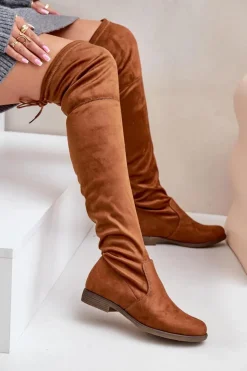 Boto Muszkieterki|Kozaki Za Kolano*Kozaki Na Płaskim Obcasie Za Kolano Z Eko Zamszu Camel Linnithia Brązowy