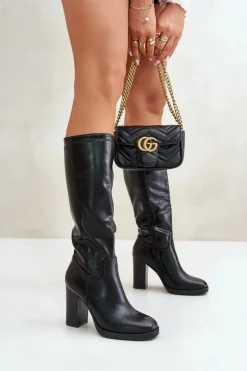 Hot Boto Kozaki Na Słupku Eko Skórzane Przed Kolano Czarne Riamaya