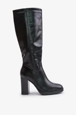 Hot Boto Kozaki Na Słupku Eko Skórzane Przed Kolano Czarne Riamaya