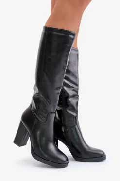 Hot Boto Kozaki Na Słupku Eko Skórzane Przed Kolano Czarne Riamaya