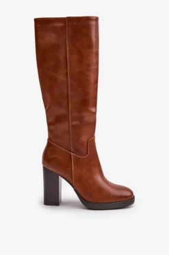 Damskie Boto Kozaki Na Słupku Eko Skórzane Przed Kolano Camel Riamaya