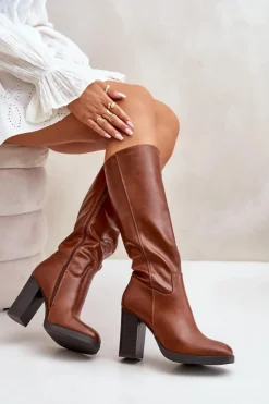 Damskie Boto Kozaki Na Słupku Eko Skórzane Przed Kolano Camel Riamaya