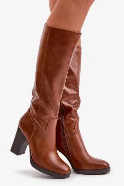 Damskie Boto Kozaki Na Słupku Eko Skórzane Przed Kolano Camel Riamaya
