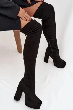 Boto Kozaki Ocieplane|Muszkieterki*Kozaki Na Słupku I Platformie Za Kolano Eko Zamszowe Czarne Amareen