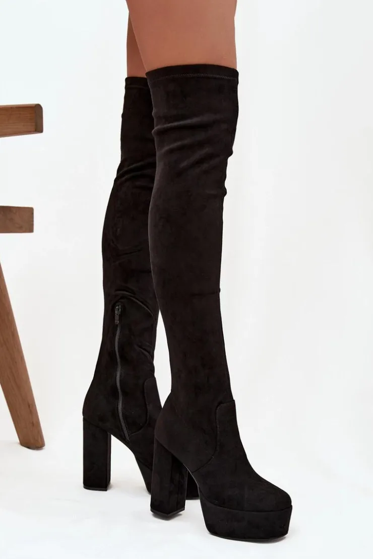 Boto Kozaki Ocieplane|Muszkieterki*Kozaki Na Słupku I Platformie Za Kolano Eko Zamszowe Czarne Amareen