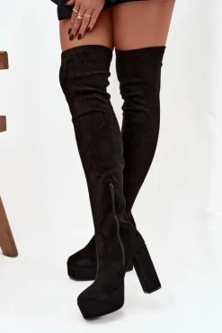 Boto Kozaki Ocieplane|Muszkieterki*Kozaki Na Słupku I Platformie Za Kolano Eko Zamszowe Czarne Amareen