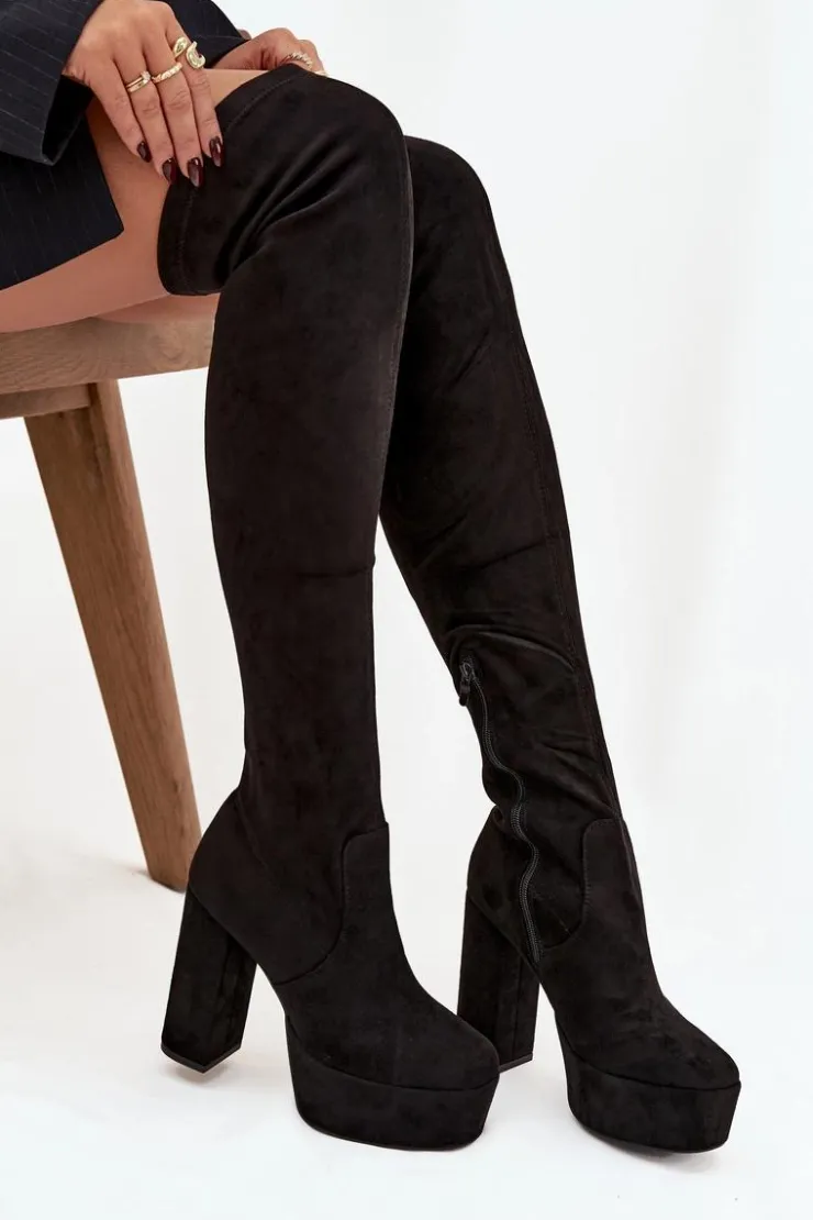 Boto Kozaki Ocieplane|Muszkieterki*Kozaki Na Słupku I Platformie Za Kolano Eko Zamszowe Czarne Amareen