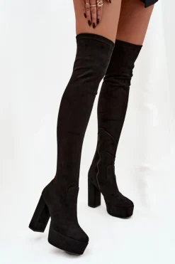 Boto Kozaki Ocieplane|Muszkieterki*Kozaki Na Słupku I Platformie Za Kolano Eko Zamszowe Czarne Amareen