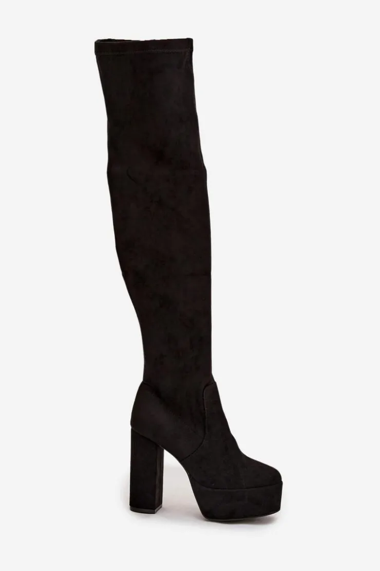 Boto Kozaki Ocieplane|Muszkieterki*Kozaki Na Słupku I Platformie Za Kolano Eko Zamszowe Czarne Amareen