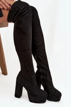 Boto Kozaki Ocieplane|Muszkieterki*Kozaki Na Słupku I Platformie Za Kolano Eko Zamszowe Czarne Amareen