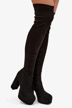 Boto Kozaki Ocieplane|Muszkieterki*Kozaki Na Słupku I Platformie Za Kolano Eko Zamszowe Czarne Amareen