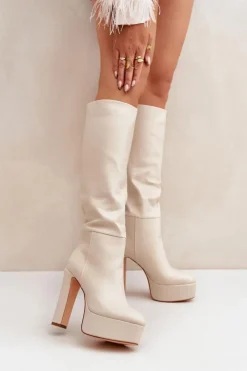 Boto Kozaki Ocieplane|Kozaki Na Słupku*Kozaki Na Słupku I Platformie Z Eko Skóry Jasnobeżowe Felilorn Beżowy