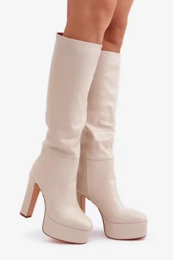 Boto Kozaki Ocieplane|Kozaki Na Słupku*Kozaki Na Słupku I Platformie Z Eko Skóry Jasnobeżowe Felilorn Beżowy