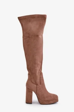 Damskie Boto Kozaki Na Słupku I Platformie Z Cholewką Za Kolano Eko Zamszowe Ciemnobeżowe Zistaria