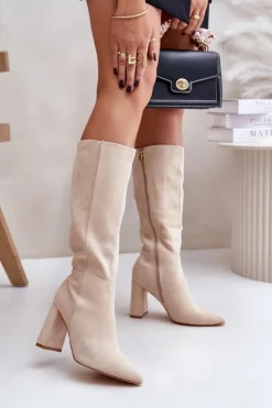 Clearance Boto Kozaki Na Słupku Przed Kolano Jasnobeżowe Lannetea