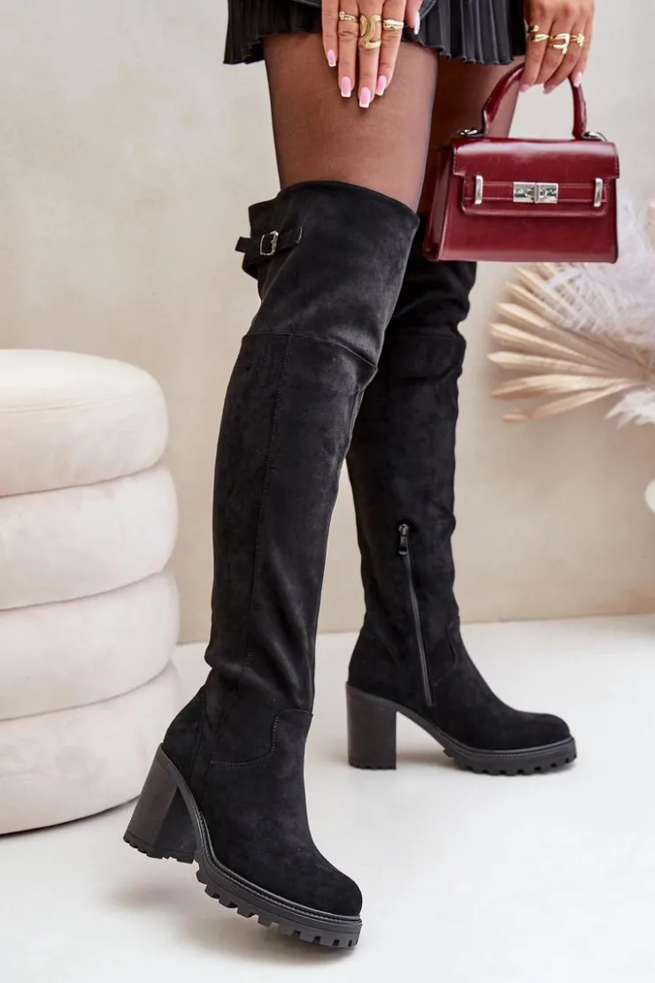 Damskie Boto Kozaki Na Słupku Z Cholewką Za Kolano Ocieplane Czarne Niaviera