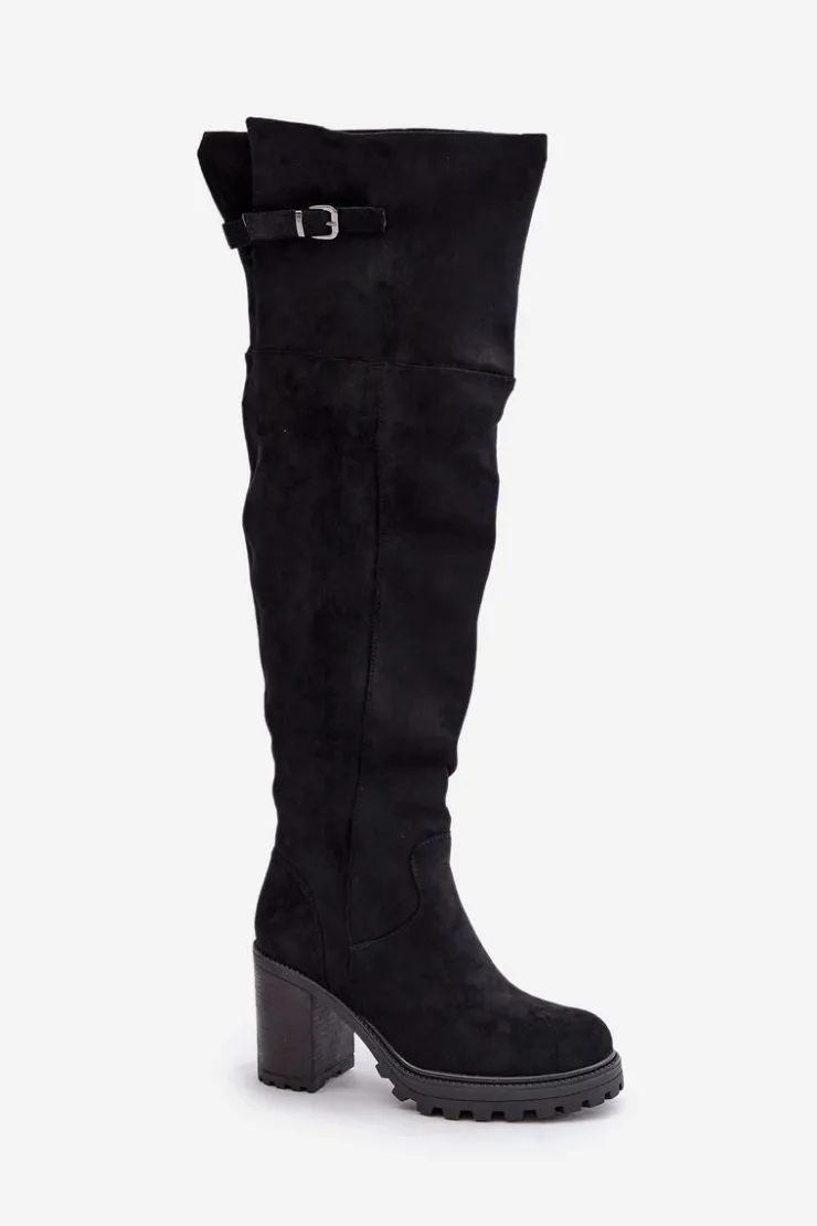 Damskie Boto Kozaki Na Słupku Z Cholewką Za Kolano Ocieplane Czarne Niaviera