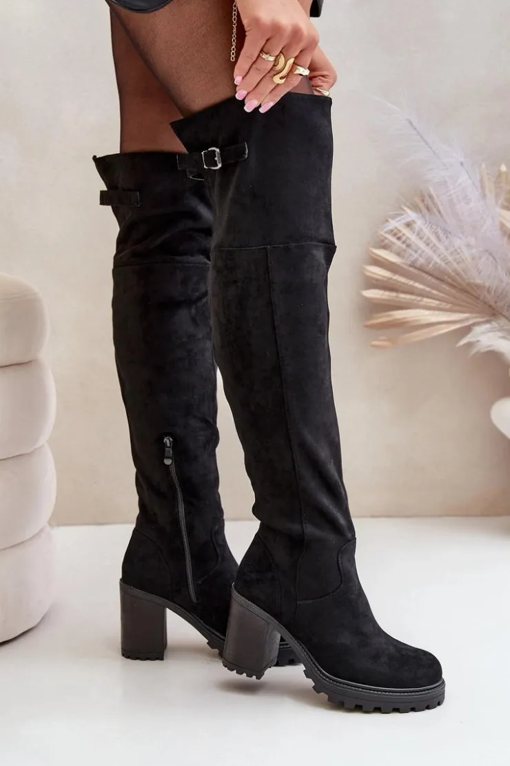 Damskie Boto Kozaki Na Słupku Z Cholewką Za Kolano Ocieplane Czarne Niaviera