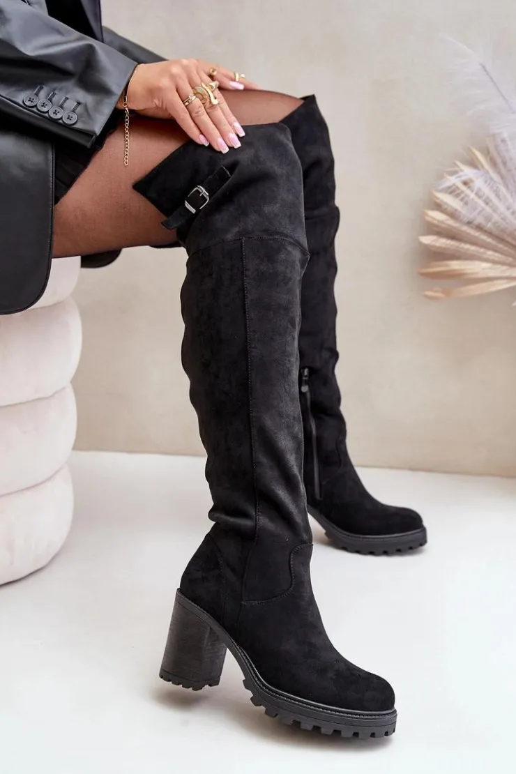 Damskie Boto Kozaki Na Słupku Z Cholewką Za Kolano Ocieplane Czarne Niaviera