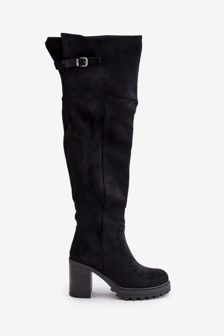 Damskie Boto Kozaki Na Słupku Z Cholewką Za Kolano Ocieplane Czarne Niaviera