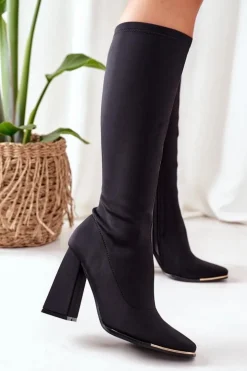 Boto Kozaki Wiosenne|Kozaki Na Obcasie*Kozaki Na Słupku Z Elastycznej Tkaniny Czarne Effect Wow