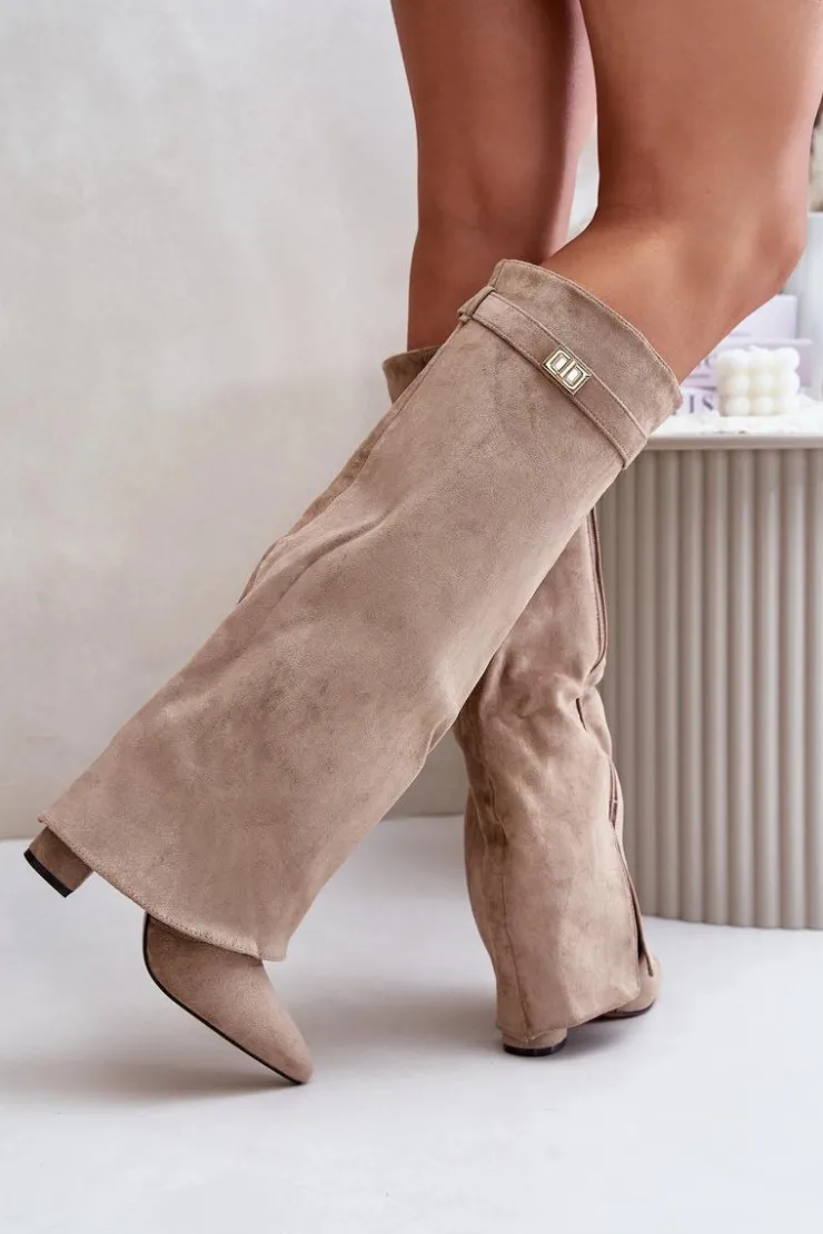 Boto Kozaki Ocieplane|Kozaki Na Słupku*Kozaki Na Słupku Z Wywiniętą Cholewką Beżowe Evyra Beżowy