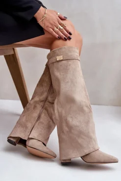 Boto Kozaki Ocieplane|Kozaki Na Słupku*Kozaki Na Słupku Z Wywiniętą Cholewką Beżowe Evyra Beżowy