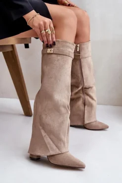 Boto Kozaki Ocieplane|Kozaki Na Słupku*Kozaki Na Słupku Z Wywiniętą Cholewką Beżowe Evyra Beżowy