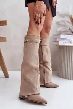 Boto Kozaki Ocieplane|Kozaki Na Słupku*Kozaki Na Słupku Z Wywiniętą Cholewką Beżowe Evyra Beżowy