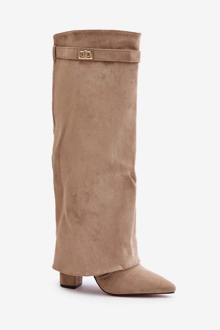 Boto Kozaki Ocieplane|Kozaki Na Słupku*Kozaki Na Słupku Z Wywiniętą Cholewką Beżowe Evyra Beżowy