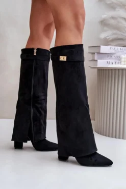 Boto Kozaki Na Słupku|Kozaki Z Wywiniętą Cholewką*Kozaki Na Słupku Z Wywiniętą Cholewką Ocieplane Czarne Urelli Czarny