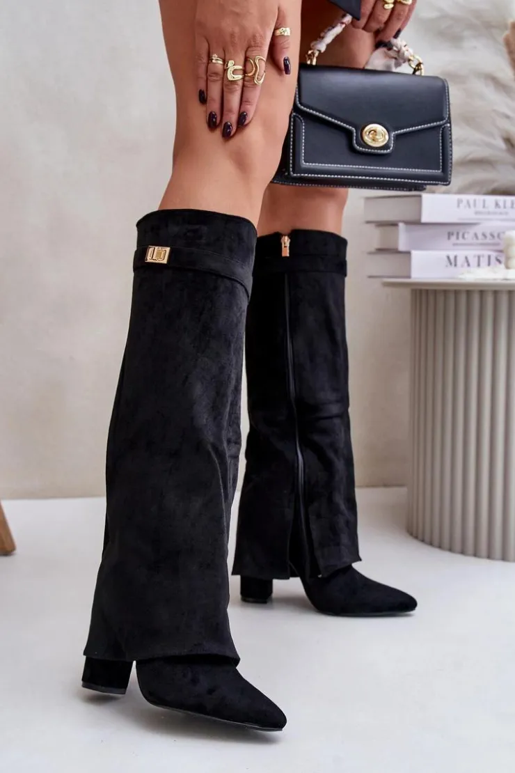 Boto Kozaki Na Słupku|Kozaki Z Wywiniętą Cholewką*Kozaki Na Słupku Z Wywiniętą Cholewką Ocieplane Czarne Urelli Czarny