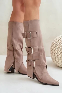 Boto Kozaki Ocieplane|Kozaki Z Wywiniętą Cholewką*Kozaki Na Słupku Z Wywiniętą Cholewką I Klamrami Beżowe Vamissa