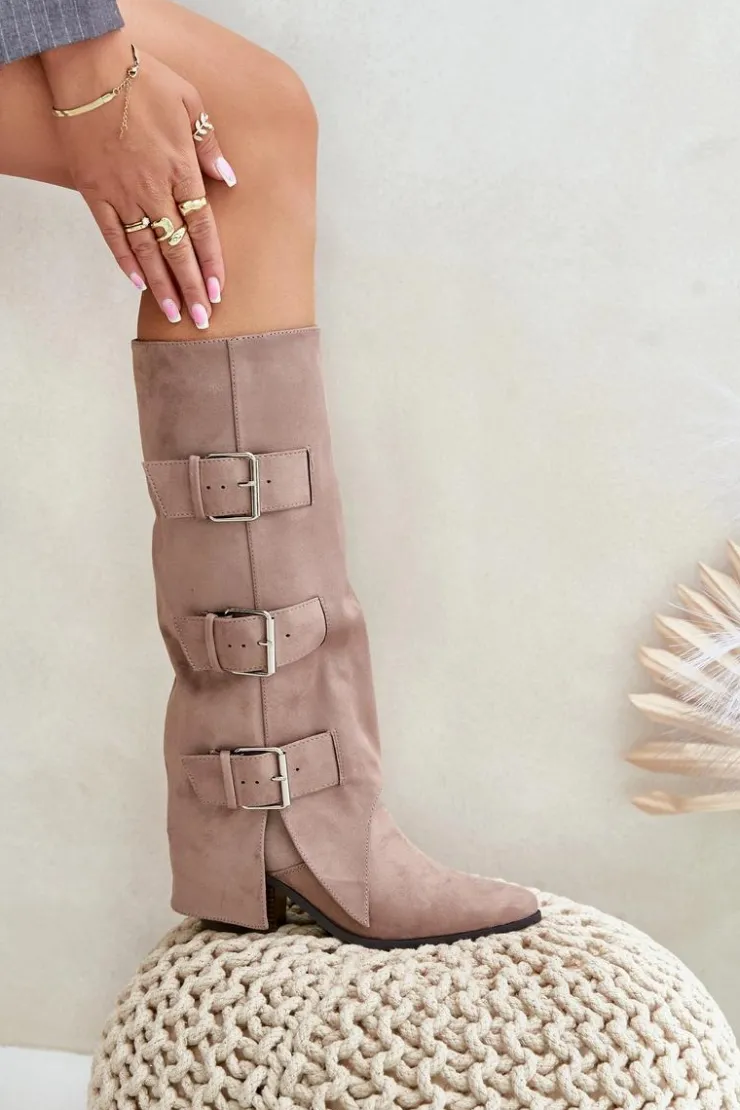 Boto Kozaki Ocieplane|Kozaki Z Wywiniętą Cholewką*Kozaki Na Słupku Z Wywiniętą Cholewką I Klamrami Beżowe Vamissa