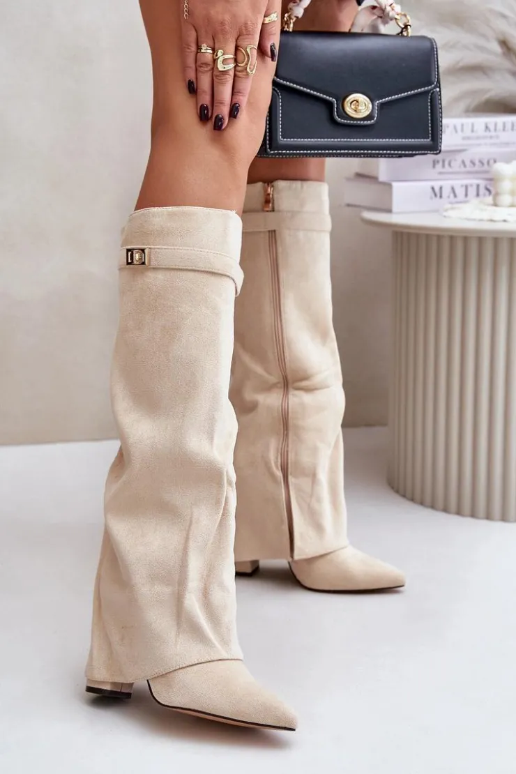 Sale Boto Kozaki Na Słupku Z Wywiniętą Cholewką Ocieplane Jasnobeżowe Urelli