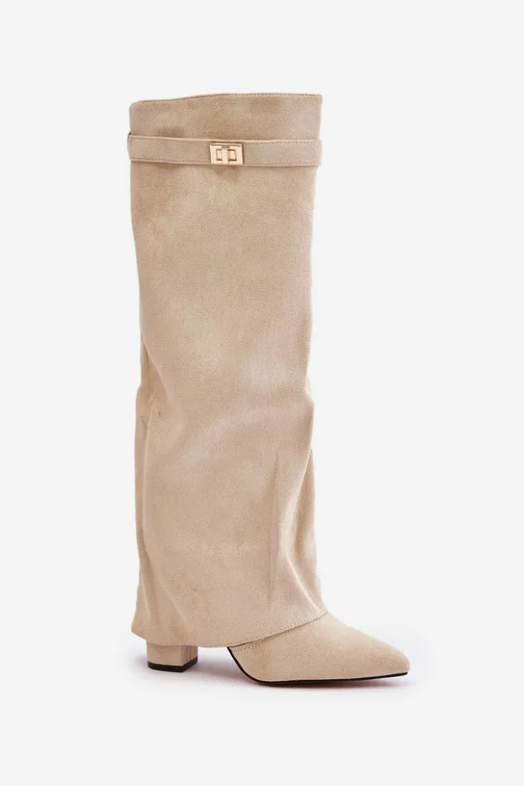 Sale Boto Kozaki Na Słupku Z Wywiniętą Cholewką Ocieplane Jasnobeżowe Urelli