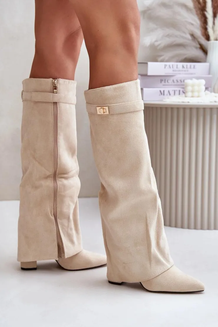 Sale Boto Kozaki Na Słupku Z Wywiniętą Cholewką Ocieplane Jasnobeżowe Urelli