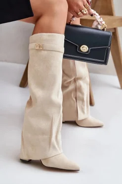 Sale Boto Kozaki Na Słupku Z Wywiniętą Cholewką Ocieplane Jasnobeżowe Urelli