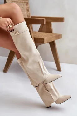 Sale Boto Kozaki Na Słupku Z Wywiniętą Cholewką Ocieplane Jasnobeżowe Urelli