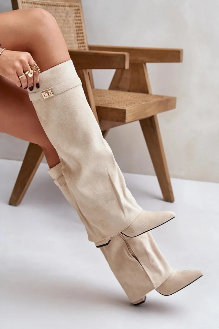 Sale Boto Kozaki Na Słupku Z Wywiniętą Cholewką Ocieplane Jasnobeżowe Urelli