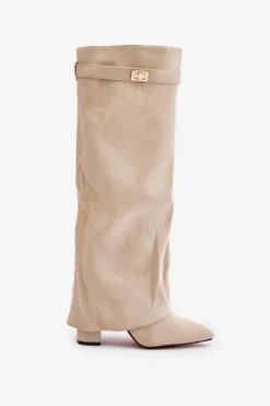 Sale Boto Kozaki Na Słupku Z Wywiniętą Cholewką Ocieplane Jasnobeżowe Urelli